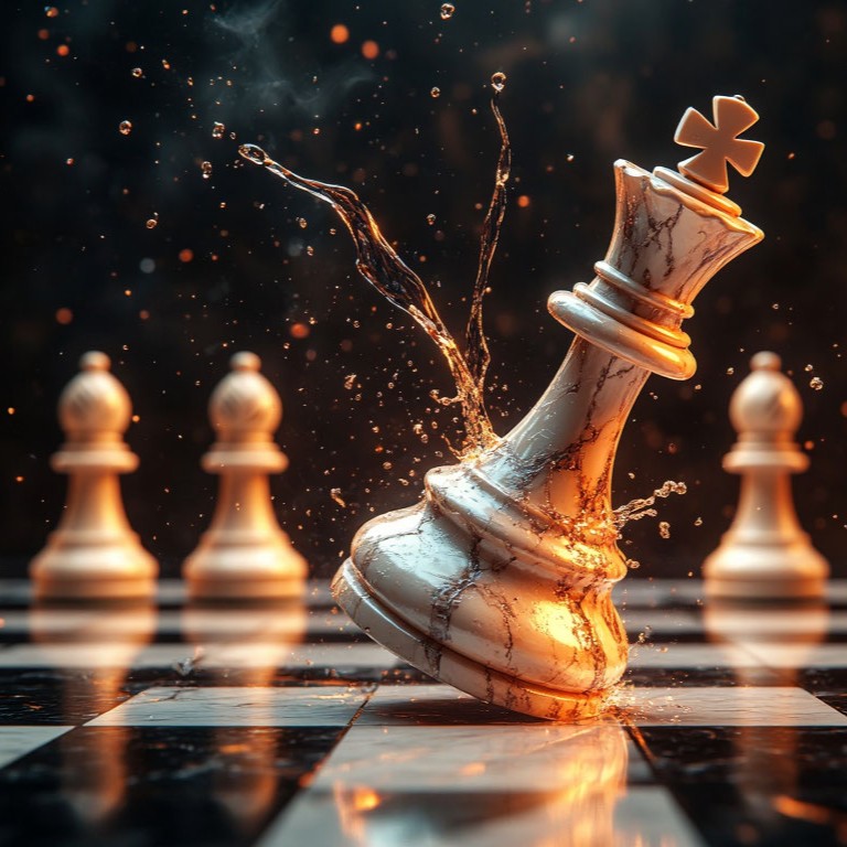 The chess king falls on the board — a symbol of strategic superiority and victory in business. RoyalDaughter Designs, experts in SEO and digital marketing in London.