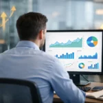 SEO specialist reviewing analytics dashboard with traffic growth charts and performance metrics.