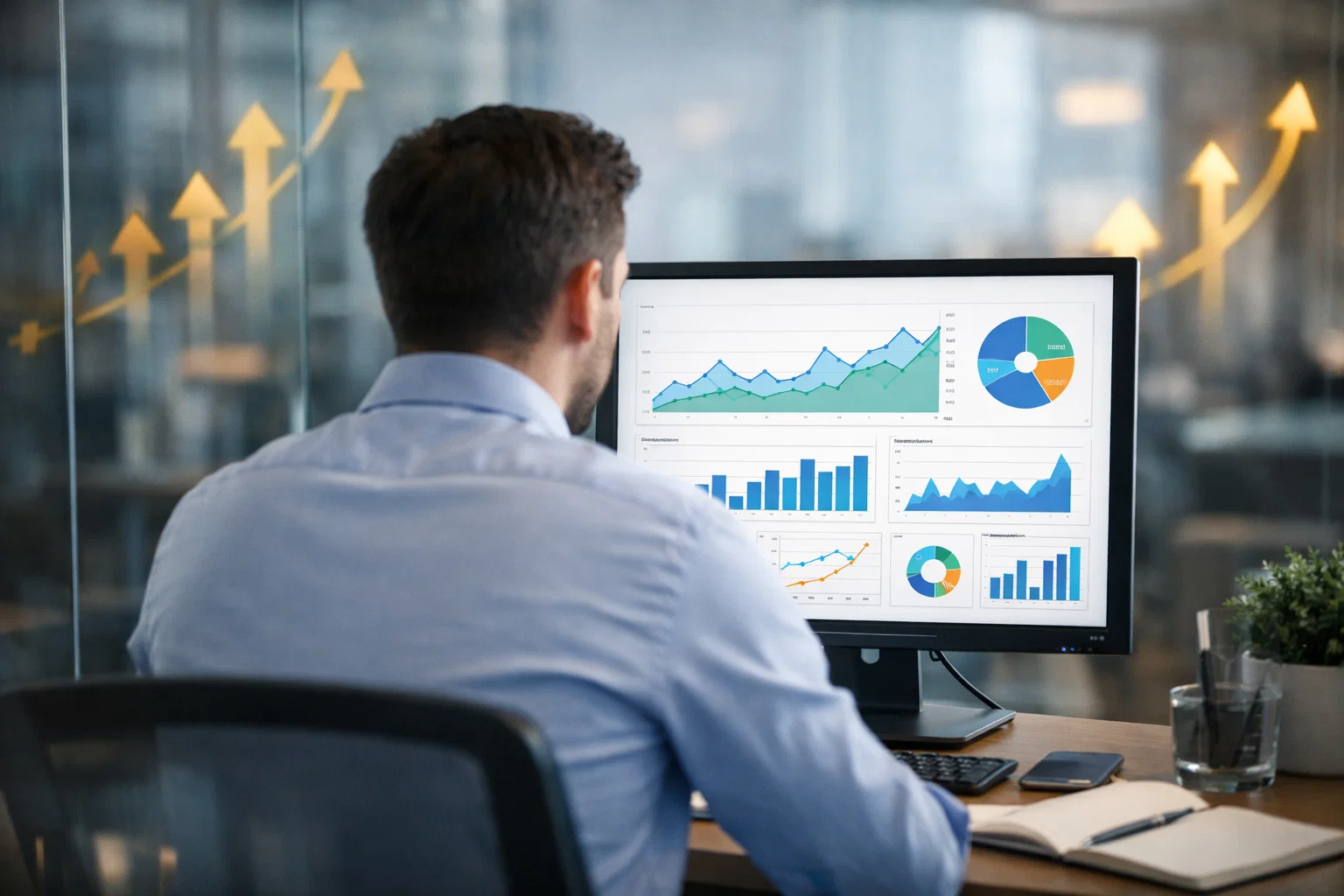 SEO specialist reviewing analytics dashboard with traffic growth charts and performance metrics.