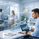 Professionals reviewing data trends and growth metrics with digital displays during a meeting.