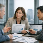 Web studio promotion services report reviewed during a strategy meeting with analytics.